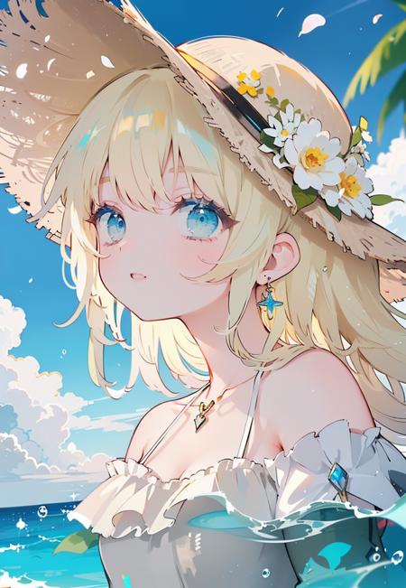 rococo style,(movie poster:1.2), soft lighting, (dramatic angle:1.25),(solo:1.4), (1girl),((blonde hair), long curly hair), blue eyes, (smile),beach straw hat, (off-shoulder shirt), hat flower ,(looking to the side:1.3), fantastic colorful, sea ,coconut tree, blue sky with clouds,(beach:1.3) ,(masterpiece:1.2),ultra-detailed,(best quality), illustration, (Depth of field),