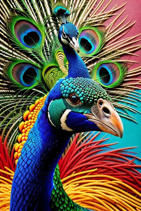Ultra High Definition, Impeccable Detail, Premier Quality, (Photorealistic), (Lifelike), raw photo,peacock,  abstract painting with varying colorful geometric shapes on a textured background, sculpture of a peacock standing in front of the abstract painting,  background abstract painting,