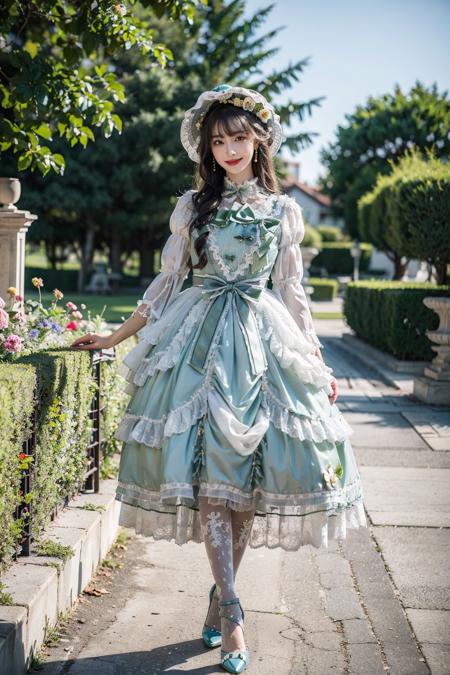 best quality, masterpiece, photorealistic, 1girl, solo, full body, standing, long black straight hair, blunt bangs, looking at viewer, smile, lo dress, layered dress, long dress, lace-trimmed dress, green dress, frills, puffy sleeves, wide sleeves, bow, jewelry, long sleeves, hat, white thighhighs, high heels, in garden, flower, detailed background, <lora:lo_dress_classic_style4_v1:0.65>