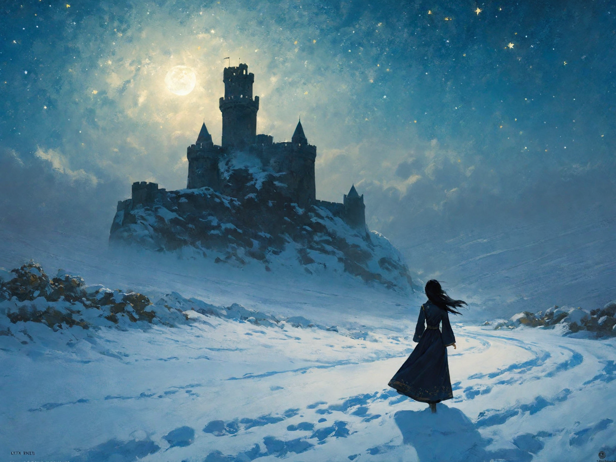 by greg rutkowski, (masterpiece, best quality), flying ruins of an ancient castle, snow, outdoors, letterboxed, night, sky...