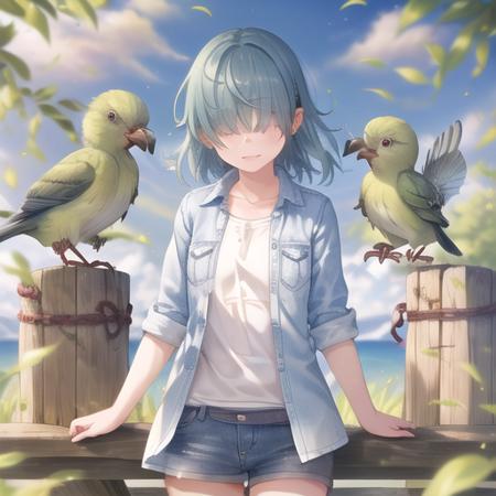 (masterpiece, best quality:1.2),illustration,8k,hd,1girl,bird,solo,shirt,hair over eyes,green hair,denim shorts,bird on hand,clothes writing,jacket,open clothes,collarbone,white shirt,bangs,short shorts,<lora:Futaba Aoi(Casual wear)-V1:0.9>,