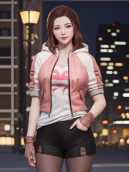 CFkongQF, 1girl, solo,pantyhose, brown hair, looking at viewer, hood, drawstring,torn clothes, brown eyes,  black shorts,long hair, hood down, lips, jacket, gloves, smile, breasts, open clothes, zipper,hand on hip, mature female, cityscape, night,  <lora:CFkongQF:0.75>