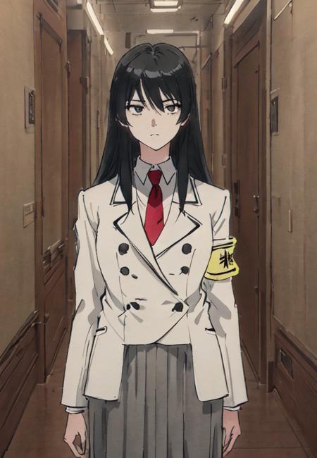 Oboro necktie, necklace, white shirt, white jacket, gray skirt androgynous, otoko no ko long hair arm band