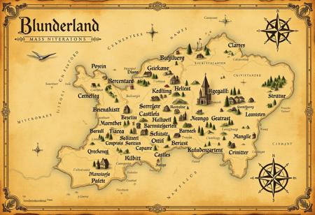 Elegant map of a vast mysterious fantasy world named Blunderland with an old, vintage feel. Blending minimalist design and beautiful map ornaments, decorative elements, aged parchment texture, delicate borders. Elegant calligraphy for labels, classic cartography style. Funny silly names like Muddlegrump, Bamboozleburg, Schnitzelstadt, Grumpengarten, and similar. Smooth coastlines, rivers, hills, mountains and forests. Small towns, castles, and ports marked with elegant icons. Intricate compass rose, subtle grid lines. Muted colors, sepia tones, and faded ink for an ancient, timeworn appearance. Map exudes an air of history and elegance, like an artifact from a forgotten era.