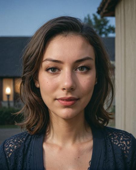 Yashica Mat (1957), candlelight, (closeup face photo of a woman), contrapposto, cute smile, extremely large breasts, BREAK
(Navy Shoulder-length waves), village, quaint houses, charming streets, community, (Slate Lace trim cardigan),
<lora:Jenna_XL-000009:1>