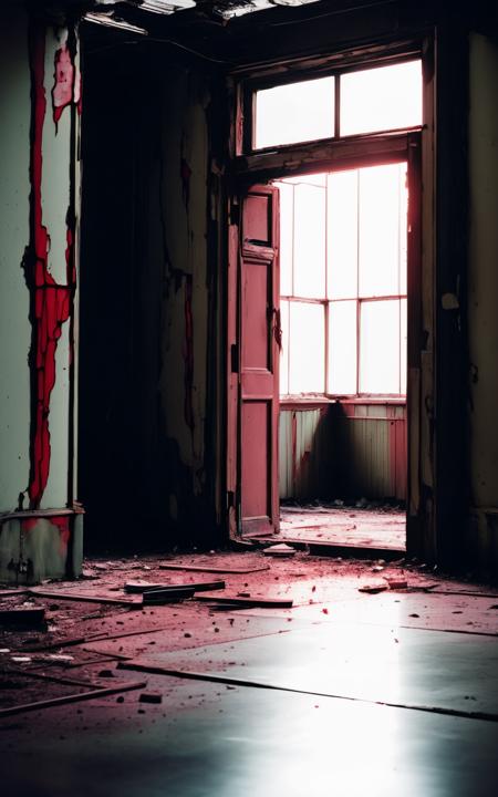 a door is open in a run down building , indoors, no humans, window, blood, scenery, door, horror (theme), hallway