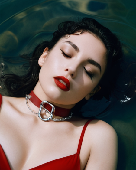 (seductive:1.1) (21.3) year old (woman:1.1) (lying:1.1) in clear shallow water,(dark:1.2) wavy hair. (She is wearing a BDSM (red choker:1.1) She is (sensual:1.4) and (glistening:1.2). The scene is shot with (Kodakportra1600:1.1) (filmgrain:1.1) (Analogcamera:1.1) (Sharpdetails:1.1) (50mm:1.1)