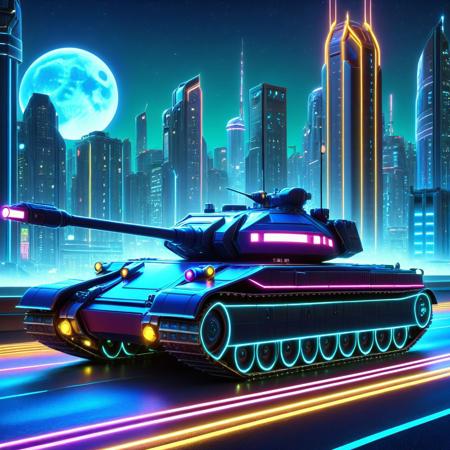 vibrant colors, shiny_skin, prefect lighting, detailed image, snoozing, masterpiece, best quality, highly detailed, ultra quality, 3DMM, 
(Tanks), 
On the road, outdoors, neon lights, glowing, city, skyscraper, building, sciencefiction, electricity, night, moon, moonlight,