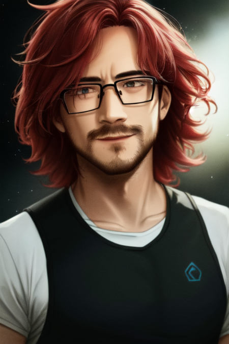 <lora:Markiplier:.7> Markiplier, Mark Fischbach, (masterpiece, best illustration, extreme light and shadow, best fan art, trending on artstation),1boy, facial hair, male focus, glasses, beard, red hair,  wild hair, wind swept hair, disheveled hair, short hair, mowhawk, smile, portrait, mustache, solo, heart shaped face, shaded face,  wearing a black leather vest, white tshirt, epic character composition, thick strokes with paint splatters, by ilya kuvshinov, alessio albi, nina masic, sharp focus, natural lighting, subsurface scattering, f2, 35mm, film grain (dynamic angle), depth of field, (ultra-detailed), cinematic lighting, (((glowing light particles))), shiny skin,  (daylight:.5), (rainbow lights, light leak)