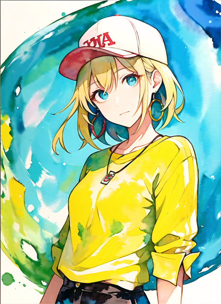 akagi shun, masterpiece, best quality, 1girl, aqua eyes, baseball cap, blonde hair, closed mouth, earrings, green background, hat, hoop earrings, jewelry, looking at viewer, shirt, short hair, simple background, solo, upper body, yellow shirt, (watercolor) <lora:akagi_shun_offset:1>