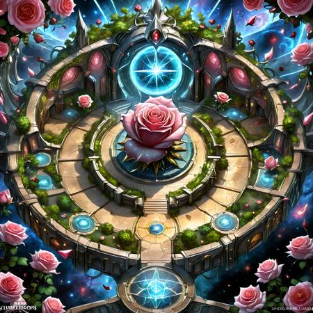 masterpiece, high quality, BREAK top-down view, large map, Table, Interior, Dungeon, Map, distinct pathways, starscape, marble structures adorned with rose vines, glowing banners with rose crests, rose motifs carved into walls, stained glass windows depicting blooming roses, epic battles beneath a sky of falling rose petals, cosmic roses blooming across astral winds, starlight bridges lined with rose bushes, rose gardens, mystical energy swirling in the shape of roses, cosmic terrain with rose-shaped craters, ethereal gardens filled with giant glowing roses, knight order, loyalty, justice, chivalry, celestial light reflecting off rose petals, cosmic expanse filled with drifting roses, honor, knighthood, shimmering rose petals floating through the air, grand halls with rose chandeliers, galactic battlefield strewn with cosmic rose thorns, floating sanctuary surrounded by rose vines, celestial knights adorned with rose armor, rose-shaped fountains <lora:DD_Table_RPG:0.5>, <lora:SDXLFaeTastic2400:1>, <lora:JJsFloorPlan_XL:1> <lora:DonMR0s30rd3rXL:1> DonMR0s30rd3rXL , rose, knight, cyborg