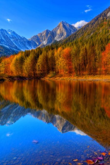 the picturesque autumn alps, green meadows and colorful trees are reflected on the clear water under the cloudy sky, i can't believe it is so beautiful, high resolution, canon eos style camera. beautiful mountains and waters, picturesque scenery, colorful fallen leaves, colorful reflections in the water, mirror lake, residential houses by mountains and forests, colorful autumn leaves.
