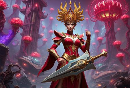 An epic, award-winning digital painting of the Female Lilith, Lady of Lament, rendered with meticulous detail in the style of Unreal Engine 5 and Octane Render. She stands as the central, dominant figure within a sprawling, fantastical scrapyard, reimagined as a monument of forgotten civilizations. Her vibrant red and gold outfit and matching elaborate headpiece are depicted with incredible artistic brush strokes and sharp lines, showing every stitch and embellishment. Her large, ornate sword is held firmly in her right hand, gleaming with magical energy, while her left hand rests defiantly on her hip. The background is a breathtaking matte painting, featuring towering structures of salvaged tech and gnarled metallic flora, bathed in captivating, multi-colored neon-like lighting. The composition boasts a dynamic action pose from an isometric perspective, highlighting her powerful, creative angle. Super detailed face and eyes radiating vivid emotions and a joyful impact, handcrafted with precision. 4K, impeccable composition, stunning harmonious colors, contemporary aesthetics, CGSociety, trending on ArtstationHQ.