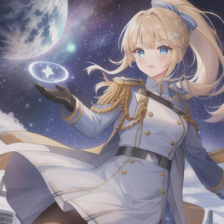 1girl, aurora, bangs, black_gloves, blue_eyes, braided_ponytail, constellation, earth_\(planet\), eyebrows_visible_through_hair, galaxy, gloves, holding, military_uniform, jacket, light_particles, long_sleeves, looking_at_viewer, milky_way, moon, moonlight, night, night_sky, planet, shooting_star, skirt, sky, solo, space, space_craft, star_\(sky\), starry_sky, starry_sky_print, telescope, window, spaceship_bridge, black_tights