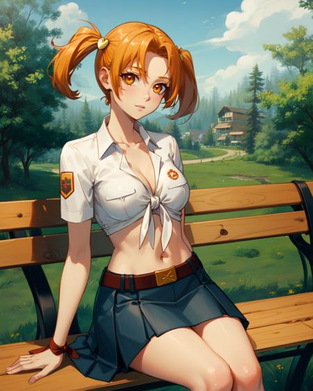 blalisa, yellow hairpin, orange eyes, orange hair, short twintails, white shirt, red badge on shirt, red bow-tied neckerchief, leather belt, blue skirt blalisa, yellow hairpin, orange eyes, orange hair, short twintails, tied white shirt, red badge on shirt, red wrap on wrist, leather belt, blue skirt