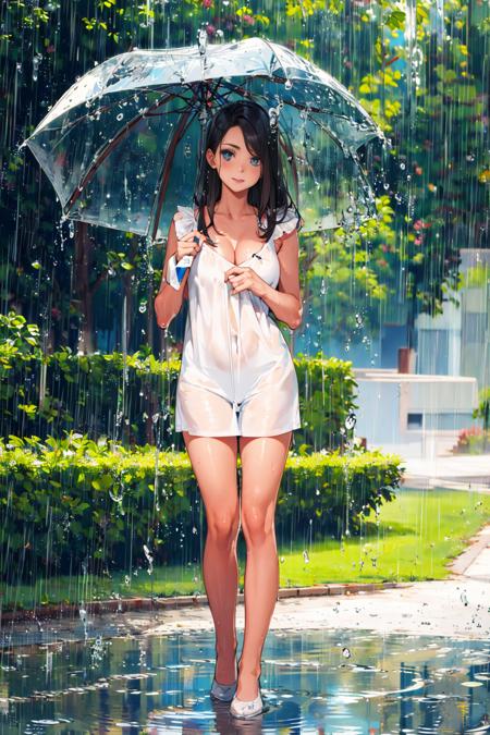 masterpiece, best quality, mature female, standing, water drop, rain, <lora:rainydays:0.7>