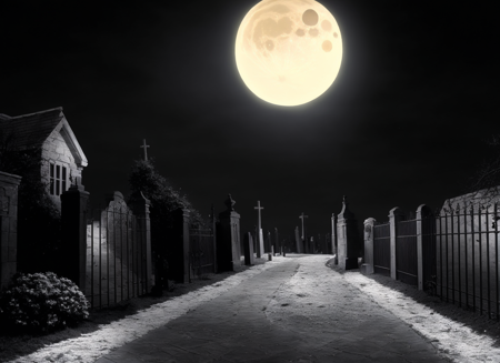 by TimBurton Animation <lora:TimBurton_Animation_offset:1>, horror \(theme\), moon, night, dark, no humans, full moon, scenery, outdoors, sky, cemetery, tombstones, (monochrome:0.5), gate, house, statues