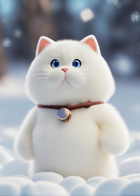 cenimatic photo, a white cat tin party animals style,  standing in snowfield. depth blur, 35mm photograph, film, bokeh, professional, 4k, highly detailed<lora:PartyAnimals_1.1:1>