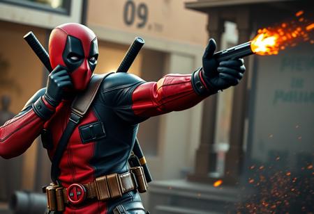 Deadpool fighting in WW2, WW2 inspired outfit, best quality, highres, cinematic lighting
