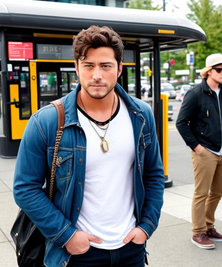 paparazzi magazine feature photo, a male celebrity waiting for a bus in portland