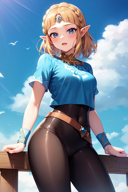 masterpiece, best_quality, 1girl, solo, princess zelda, nintendo, the legend of zelda, botw, totk, short hair,  blue shirt, black legwear, leggings, black pants