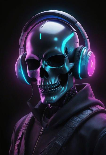 A cybernetic marvel unfolds: A skull adorned with headphones emerges in front of a dark background, creating a ghostpunk aesthetic in this epic digital art piece. This professional and captivating portrait captures the essence of a DJ in the cyber realm, radiating a synthwave vibe. The combination of a death skull and fantasy elements results in a beautiful digital artwork that stands out as the best on ArtStation. This smooth and detailed creation, portraying a night-time raid, exemplifies great digital artistry. With its blend of scary yet colorful elements, this trending digital art piece epitomizes the portrait of a cyber skeleton in a mesmerizing and haunting manner.