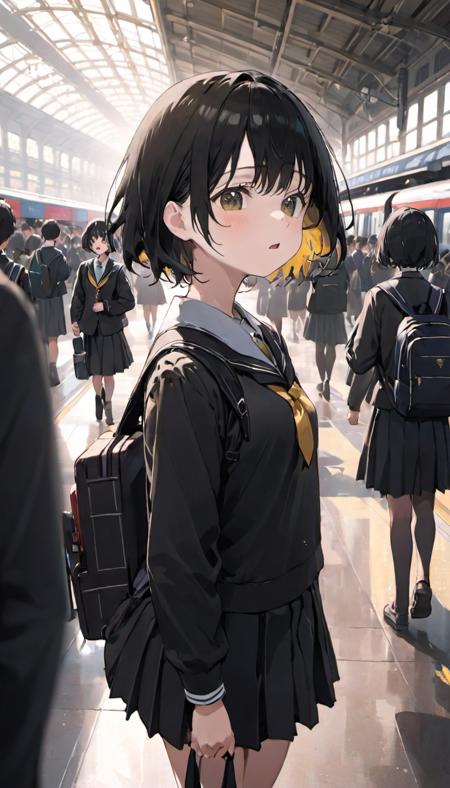 black border,  dynamic angle, masterpiece, best quality, 1girl, solo focus ,school uniform, black hair, upper body,  short hair, serafuku, train station, school bag, crowd,  depth of field