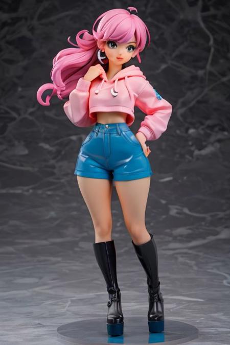 1girl, large breasts, big ass, topheavy, hoodie, young, cool, underboobs, sexy pose, over-knee platform boots, sexy, beautiful face, cute, colorful, tiny waist, focus on (underboobs:1.2), hair as pvc figure