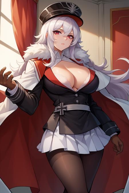 azlngrfzpln, large breasts, white hair, very long hair peaked cap, military uniform, white cape, fur trim, jacket, long sleeves, cleavage, white bra, brown gloves, white pleated skirt, black pantyhose, high heels hair flower, black flower, fur trim, black jacket, jacket on shoulders, black one-piece swimsuit, see-through, navel cutout