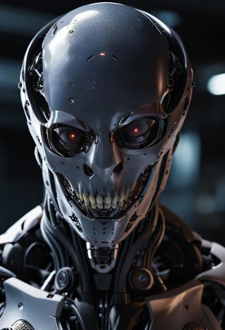 A raw photo of an evil alien robot, fine lines, faded freckles, very detailed skin, moist lips, long eyelashes, a clear separation between lips and teeth, cinematic style, absolute realism, bright colors and contrasts. Magnificent, heavenly, sinister, cinematic, epic, majestic, magical, fantasy photography, clear and realistic