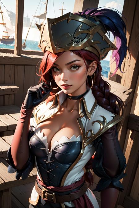 captain fortune, 1girl, cleavage cutout, pirate hat, braid, puffy sleeves, elbow gloves, cleavage
