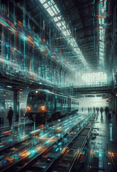 A surreal train station suspended in a digital void, where flickering holographic trains appear and vanish mid-motion, tracks fractalizing into infinite paths, and pixelated passengers dissolve into swirling data streams, all illuminated by a glowing digital aurora  <lora:Glitch Style:0.7>