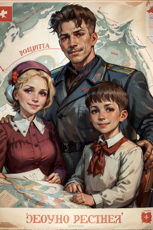 A family of three, consisting of a man, a woman, and a child, is posing for a photo in front of a map. The man is wearing a uniform, and the woman appears to be wearing a dress. The child is standing between the two adults, creating a warm and close-knit moment. The image captures a sense of togetherness and adventure, as they seem to be embarking on a journey or exploring the world.
