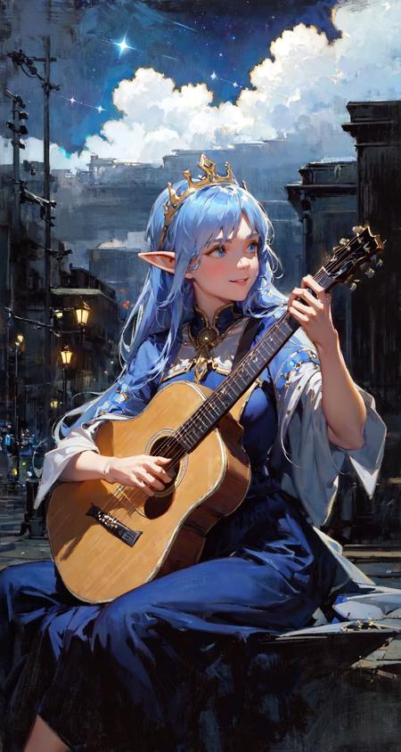 masterpiece, best quality, the cloud elf queen busks on the streets of new york, casual, sitting, playing guitar, dark moody lighting, night sky, night, starry sky, glittering, dark, (smile:0.8)