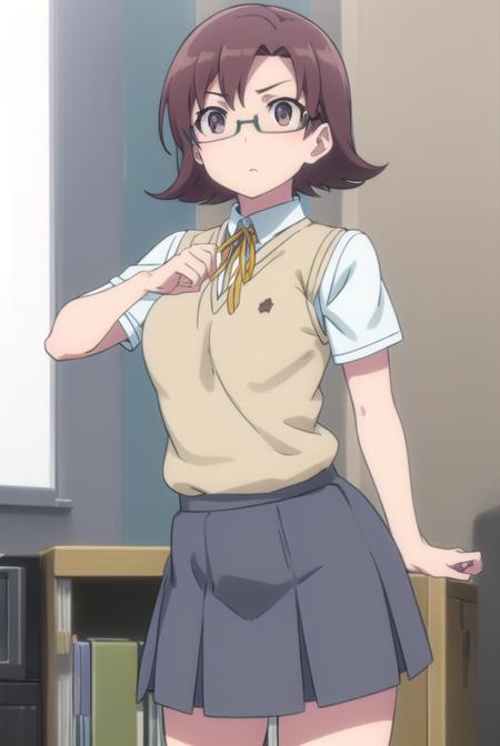 senaakagi, <lora:sena akagi s2-lora-nochekaiser:1>,
sena akagi, short hair, brown hair, glasses, (brown eyes:1.5),
BREAK skirt, ribbon, school uniform, sweater vest, grey skirt, shirt, white shirt, collared shirt,
BREAK indoors, classroom,
BREAK looking at viewer, (cowboy shot:1.5),
BREAK <lyco:GoodHands-beta2:1>, (masterpiece:1.2), best quality, high resolution, unity 8k wallpaper, (illustration:0.8), (beautiful detailed eyes:1.6), extremely detailed face, perfect lighting, extremely detailed CG, (perfect hands, perfect anatomy),