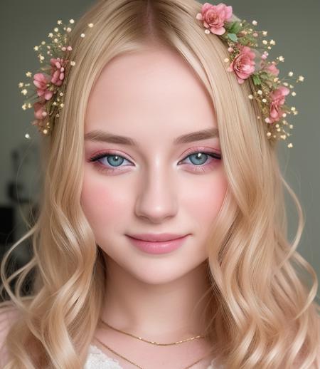 <lora:memeless:0.7> a girl 22 y.o, blonde, flowers in her hair, smile, winks, shows hand gesture, intricate details, hyperdetailed, (cinematic look:1.4), soothing tones, insane details, intricate details, hyperdetailed, low contrast, soft cinematic light, dim colors, exposure blend, hdr, faded, slate gray atmosphere