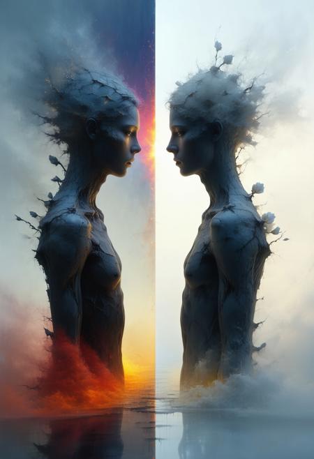 A figure stands face to face with their mirrored self, not a reflection but another being—same form, different aura. One radiates shadow, the other light. The world around them splits into two realms—one crumbling, one blooming. A surreal confrontation of self. ((Neo-Gnostic Realism))
<lora:FLUX-daubrez-DB4RZ-v2:0.55> <lora:Sinfully_Stylish_.02_for_FLUX:0.35> <lora:dystopia:0.6>
