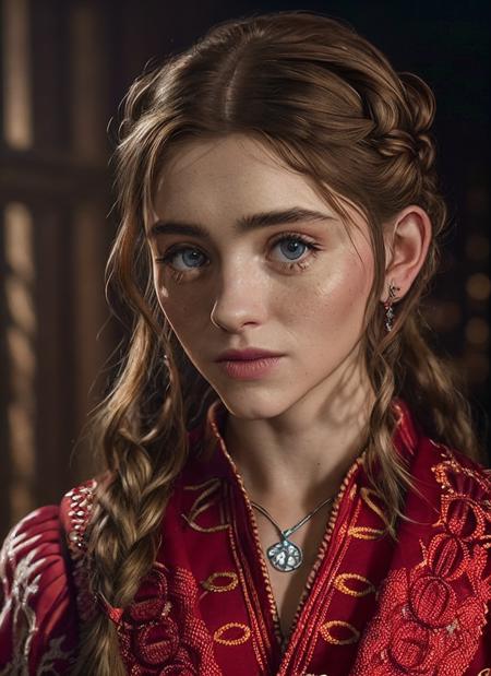 portrait of skswoman, loving , wearing beaded , with red Side braid , background dungeon epic (photo, studio lighting, hard light, sony a7, 50 mm, matte skin, pores, colors, hyperdetailed, hyperrealistic), <lyco:Natalia Dyer:1.1>