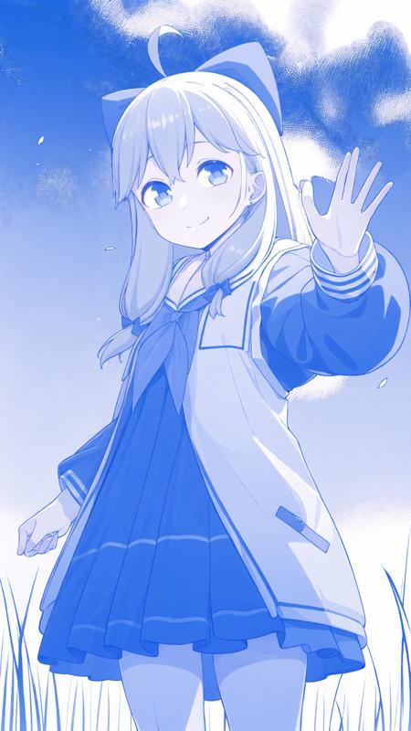 masterpiece, best quality, 1girl, solo, dynamic pose, light smile, meadow, reaching towards viewer, selfie,
<lora:jiaran:1>, jiaran, (official dress:1.5), blue eyes, hair, jacket, hair bow, neckerchief,  <lora:himurakisekiV2:1>, monochrome