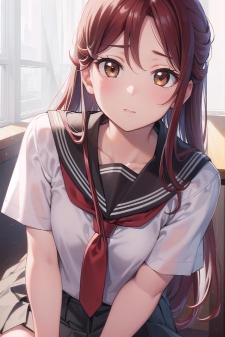 rikosakurauchi, <lyco:rikosakurauchi-lyco-nochekaiser:1>, 
riko sakurauchi, (brown eyes:1.5), hair between eyes, long hair, (red hair:1.5), (small breast:1.2), 
BREAK grey skirt, neckerchief, pleated skirt, red neckerchief, school uniform, serafuku, shirt, short sleeves, skirt, white shirt, uranohoshi school uniform,
BREAK looking at viewer, 
BREAK indoors, classroom, 
BREAK <lyco:GoodHands-beta2:1>, (masterpiece:1.2), best quality, high resolution, unity 8k wallpaper, (illustration:0.8), (beautiful detailed eyes:1.6), extremely detailed face, perfect lighting, extremely detailed CG, (perfect hands, perfect anatomy),