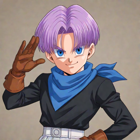 GT Trunks, short purple hair, blue eyes, black long sleeved shirt, blue bandana, brown leather gloves, white baggy short slacks, cutty sark socks, brown boots, solo