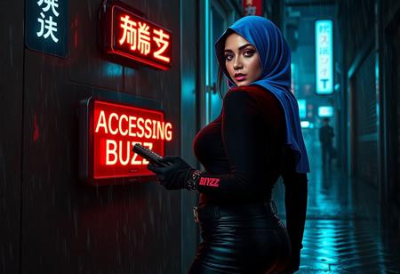 Photorealistic cyberpunk scene in the visual style of Blade Runner. A busty arab woman stands in front of a glowing wall-mounted terminal in a rain-drenched Neo Tokyo alley at night. She faces the terminal directly, her luminous electric blue hijab framing her head, with strands of black hair peeking out. Her dramatic, futuristic makeup includes bold luminescent pink eyeshadow extending to her temples, heavy metallic eyeliner, and glittery pink lipstick that sparkles in the rain. She wears a tight black turtleneck stretched over her full bust, skin-tight tactical pants, black belts with chrome buckles, and sleek high-heeled boots. Her left hand holds a high-tech handheld computer, connected to the terminal with a thin silvery wire. The terminal screen displays large, glowing red letters: “ACCESSING BUZZ.” The red light from the screen casts a bold red glow on her face and upper body. The scene is soaked in rain, with neon kanji signs flickering in the mist, wet pavement reflecting light, and a deep cinematic atmosphere of grit and tension.
–v 5 –ar 16:9 –style photorealistic –lighting cinematic red neon glow –atmosphere rainy, moody, urban –quality ultra-detailed –text “ACCESSING BUZZ” in glowing red