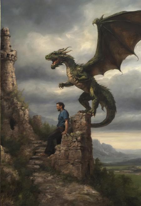 fantasy dragon man stands amidst ruins of an old castle background stormy sky and rocky ground vines climb ruin walls  hyperrealism oil painting by ClassipeintXL close portrait