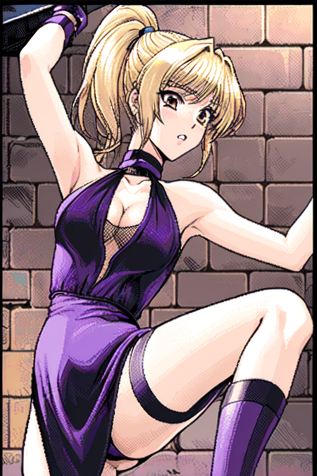 Silvanna_words_worth_1993, center part bangs, ponytail, gold brown eyes, blonde hair, purple silk slit dress, mini skirt, purple silk choker necklace, cleavage,  black fishnet inner, purple long boots, fishnet knee socks,  