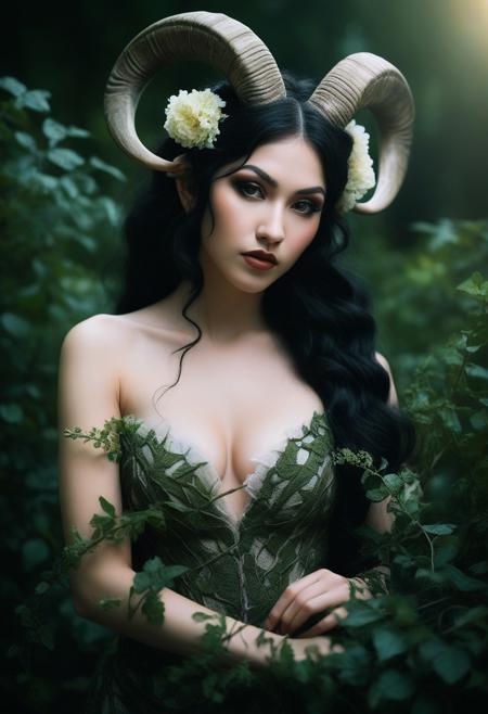 close up, beautiful fantasy female satyr, (chubby:1.3), with ram's horns, large breasts, fat breasts, human ears, she has black hair, she has vines and flowers that coil around her arms, she is playful and mischievous, high contrast, isolated on black, and green foliage, dramatic light, dark and mysterious atmosphere, highly detailed, realistic proportions, shot with Nikon AF-S CX NIKKOR, 35mm f/1.8G Lens, in the style of Bella Kotak