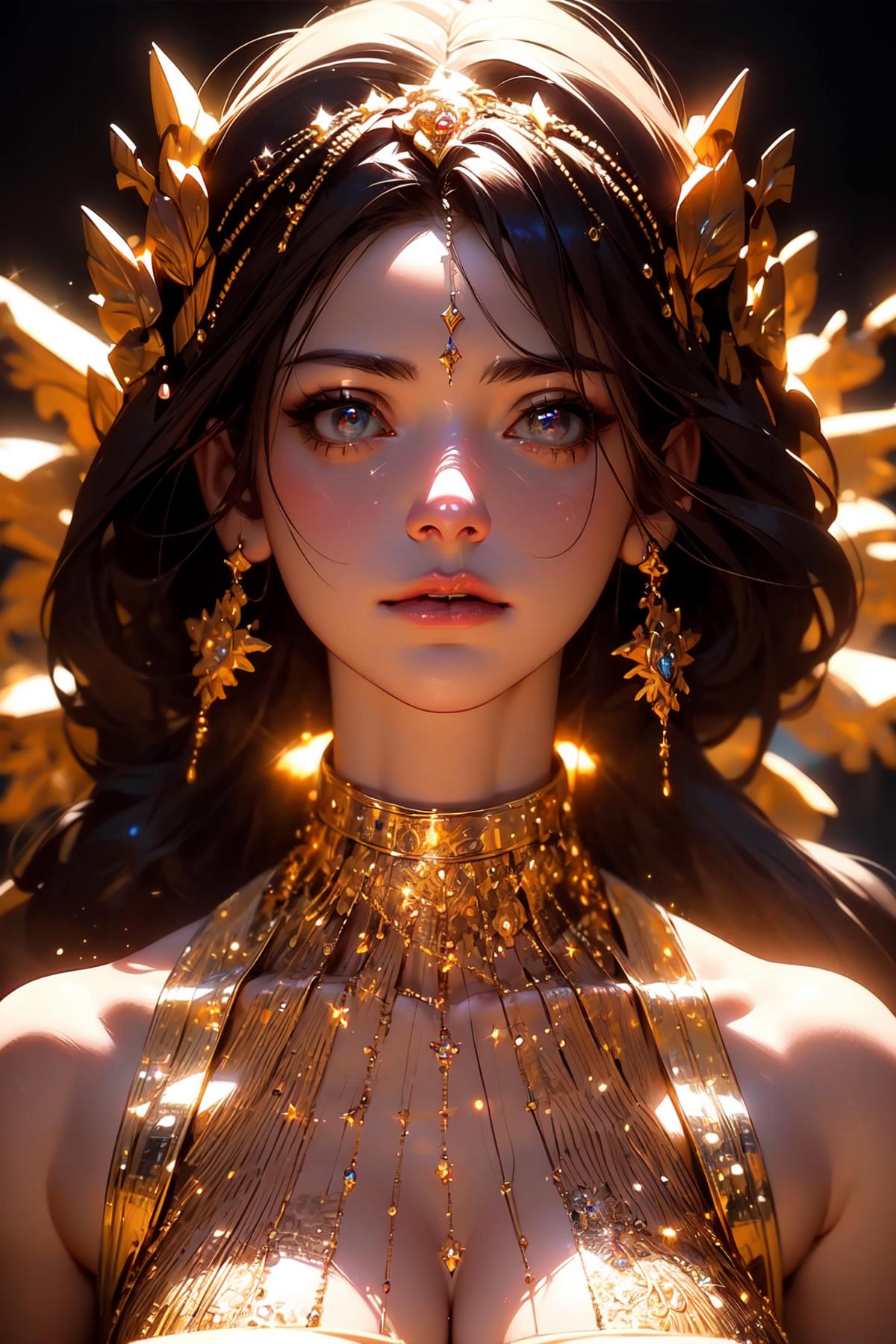 "An Artistic Portrait of a Woman with Blue Eyes and Golden Accessories"