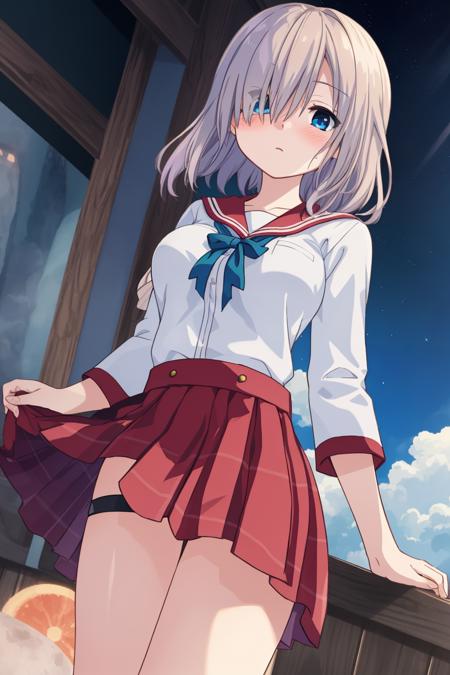 masterpiece,bast quality,official art,8K wallpaper,game cg,isuzurensch \(magiarecord\),red skirt,blue eyes,white shirt,large breasts,hair over one eye,blush,heavy breathing,expressionless,1girl,solo,dark sky,blue moon,cloud,blue lycoris radiata,<lora:ringsch2:1:1,0.1,0.1,0.1,0.1,0,0,0,0.7,0.9,0.9,0,0,0,0,0,0>