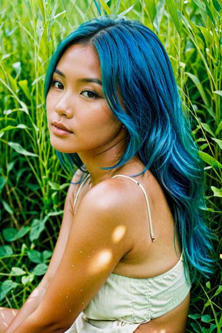 1girl,(tanned beautiful asian woman),blue hair,she's sitting down in a lush green field,(film grain photograph:0.4),high quality,up close,