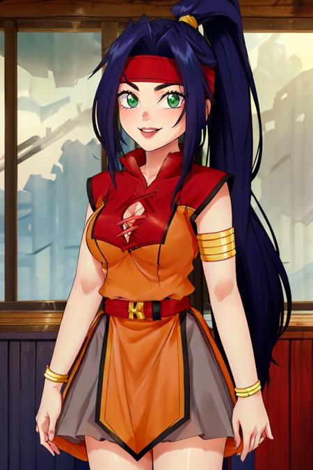 Mariam_Beyblade,  1girl, solo, green eyes, long hair, blue hair, ponytail,  orange dress, grey skirt, bracelet, clothing cutout, headband, hair intakes, high ponytail, armlet, cleavage,