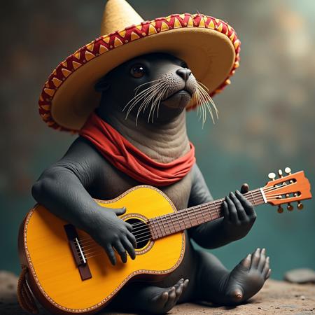 a sea lion wearing a sombrero is playing guitar